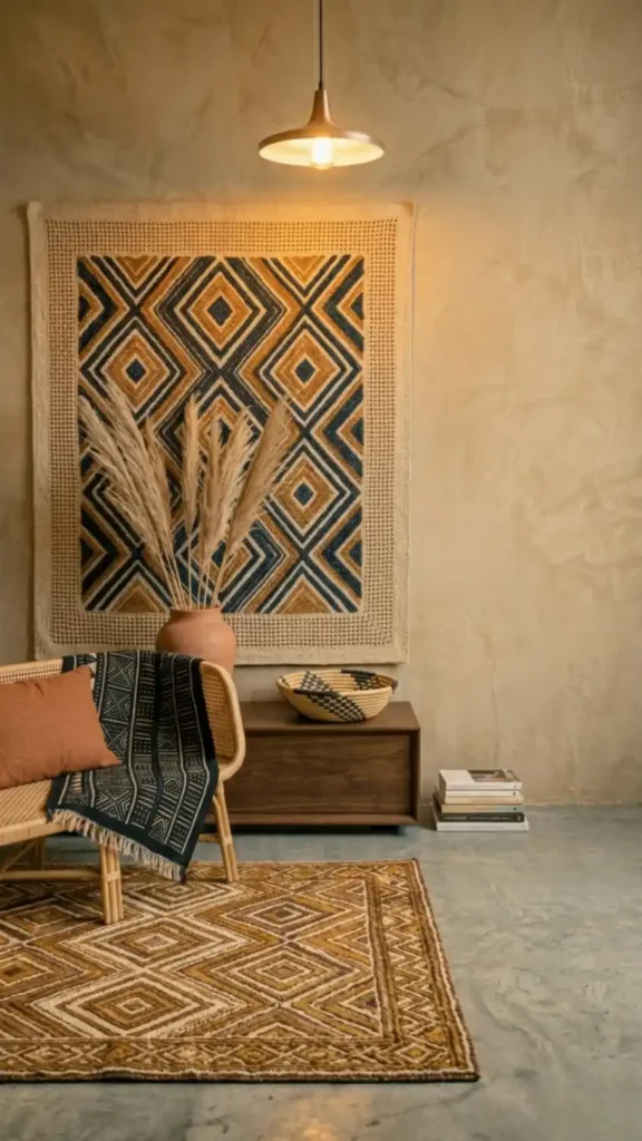 Afro-Bohemian-room-with-deliberate-bare-plaster-accent-wall
