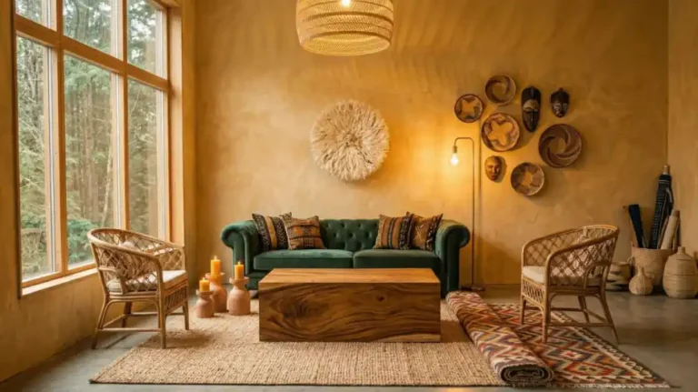 Afro-Bohemian-living-room-mid-styling-process-with-rust-velvet-sofa
