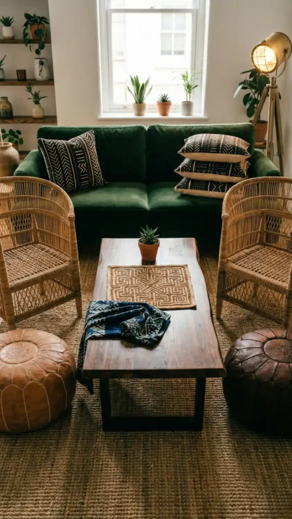 Live-edge-teak-coffee-table-with-cane-chairs-and-leather-poufs