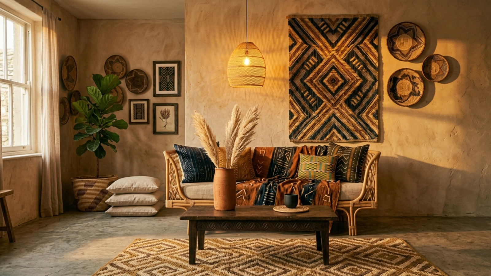 afro-bohemian-interior-design-living-space-rattan-sofa-mud-cloth-throw.