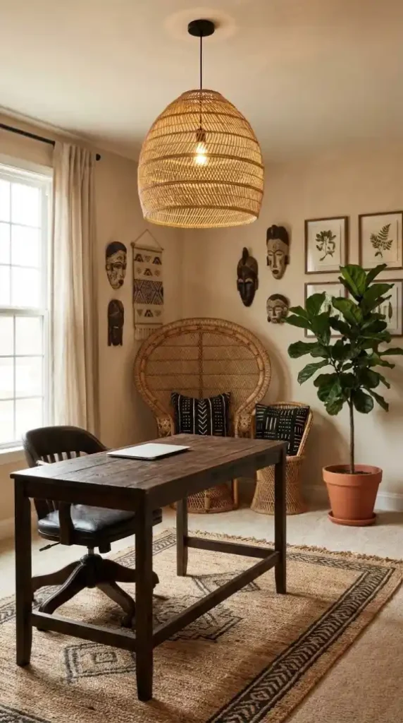 Velvet-desk-chair-and-rattan-peacock-reading-nook-in-Afro-Bohemian-office