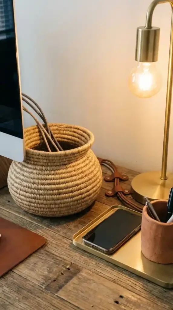 Bolga-basket-concealing-cable-management-on-Afro-Bohemian-desk-surface