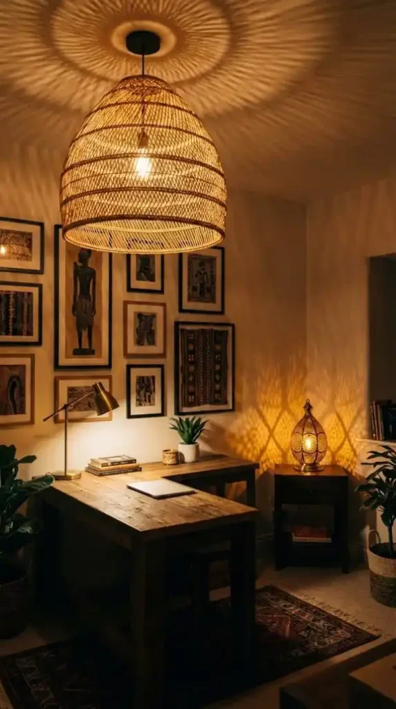 Three-distinct-light-sources-in-Afro-Bohemian-office-evening-shot