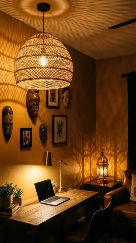 Three-light-sources-at-three-heights-in-Afro-Bohemian-office-evening