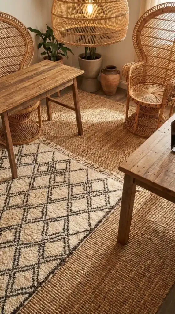 Jute-base-rug-layered-with-Moroccan-Berber-at-Afro-Bohemian-desk-zone