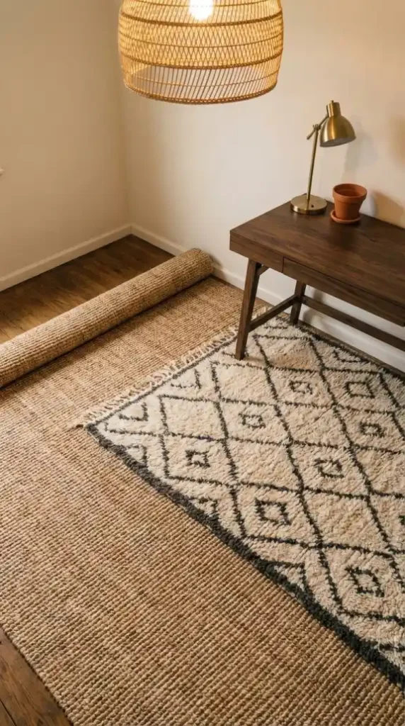Jute-base-rug-with-Moroccan-Berber-being-layered-on-office-floor