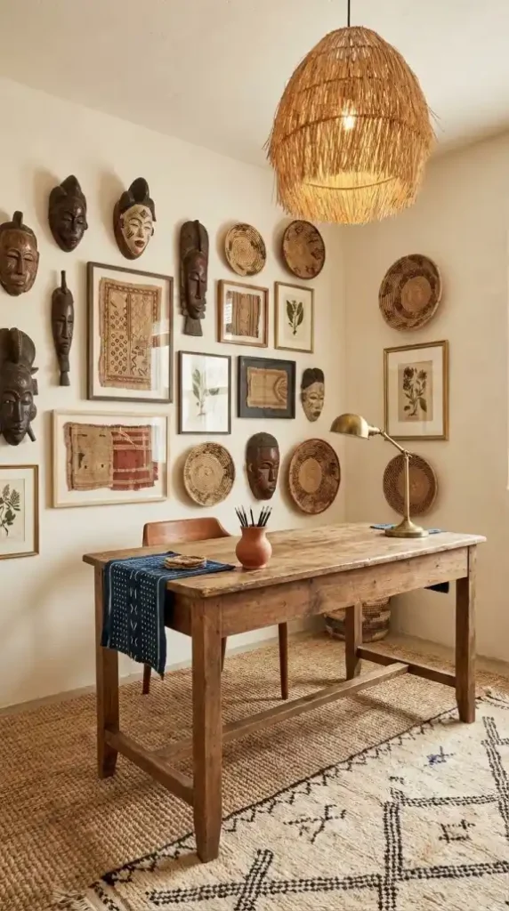Afro-Bohemian-office-with-dense-gallery-wall-and-minimal-desk-surface