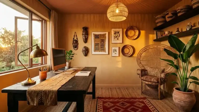 Fully-layered-Afro-Bohemian-office-with-rattan-peacock-chair-nook