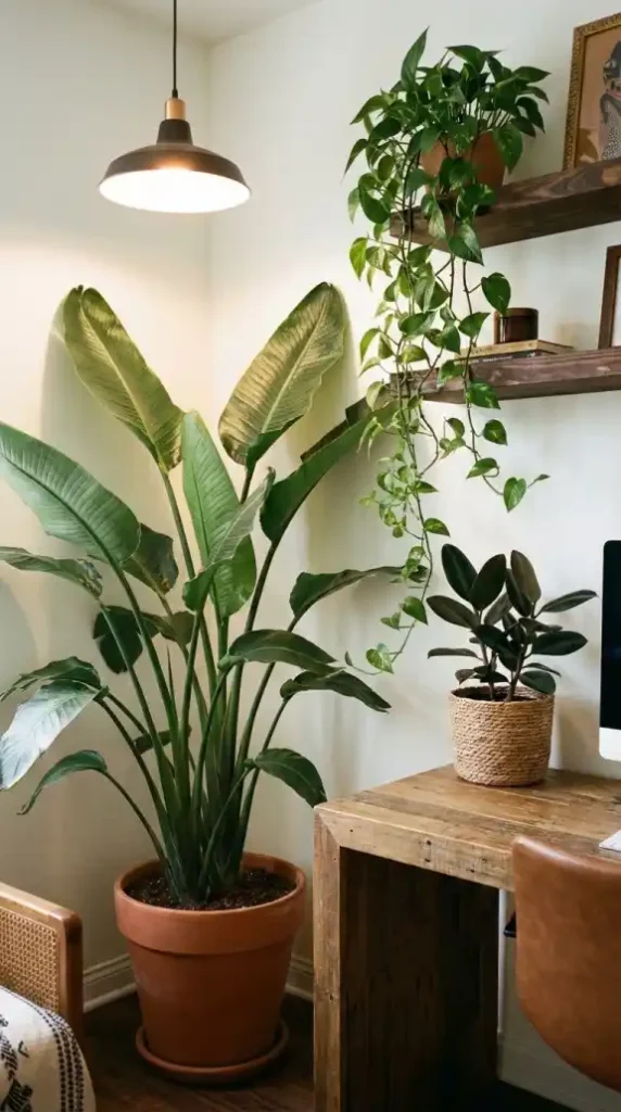 Three-greenery-zones-in-fully-assembled-Afro-Bohemian-office-space