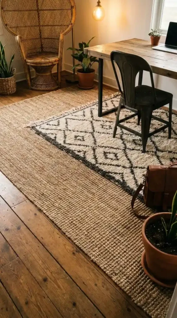 Jute-base-rug-layered-with-Moroccan-Berber-in-Afro-Bohemian-office