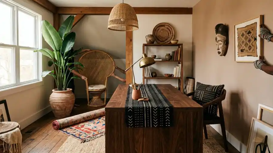 Afro-Bohemian-office-mid-styling-with-desk-and-partial-gallery-wall