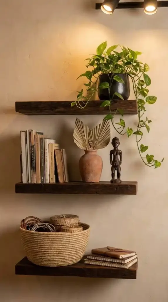 Dark-reclaimed-wood-floating-shelves-with-Bolga-basket-and-trailing-pothos