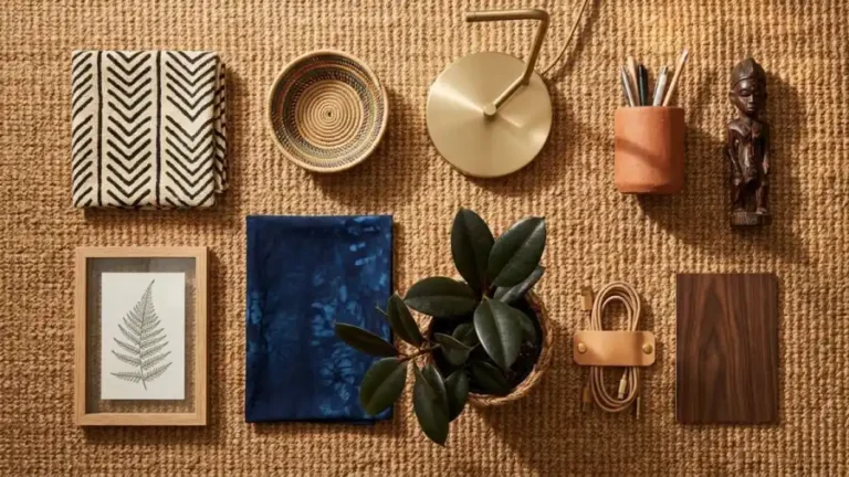 Ten-Afro-Bohemian-office-starter-pieces-flat-lay-on-warm-jute