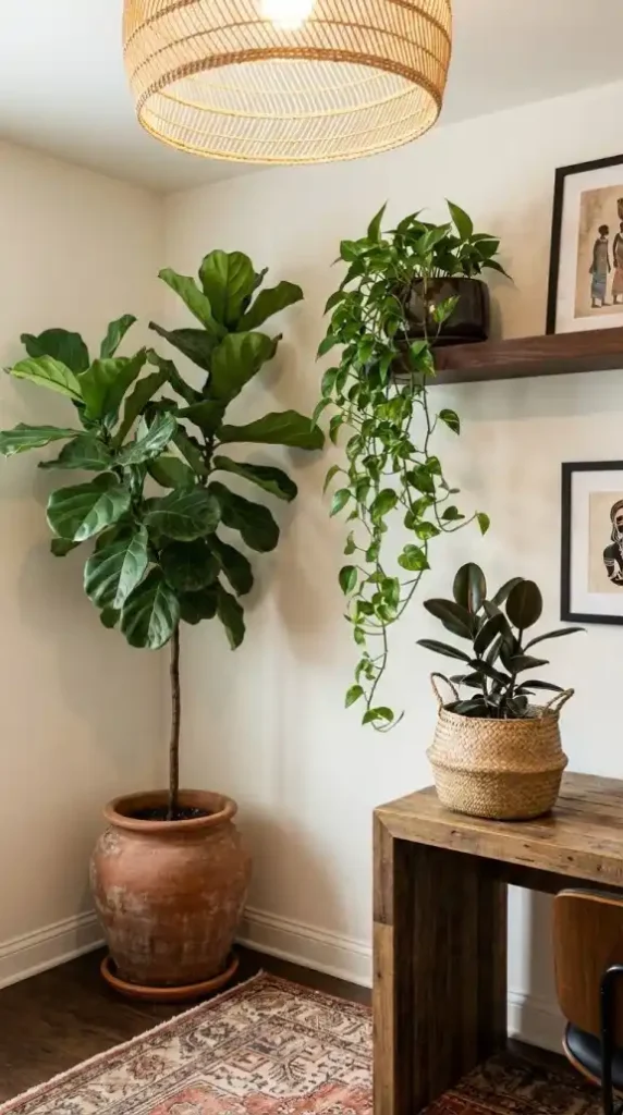 Fiddle-Leaf-Fig-trailing-pothos-and-Rubber-Tree-in-Afro-Bohemian-office
