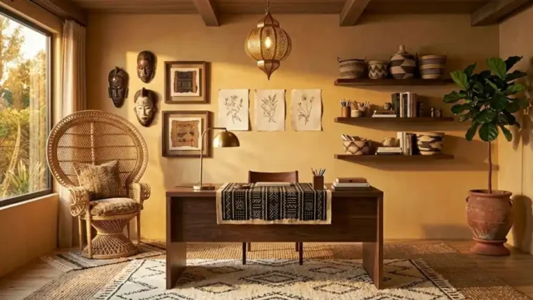 Fully-assembled-Afro-Bohemian-office-at-golden-hour-with-gallery-wall