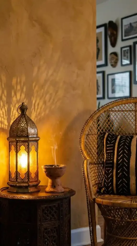 Moroccan-lantern-and-incense-burner-glowing-in-Afro-Bohemian-reading-nook