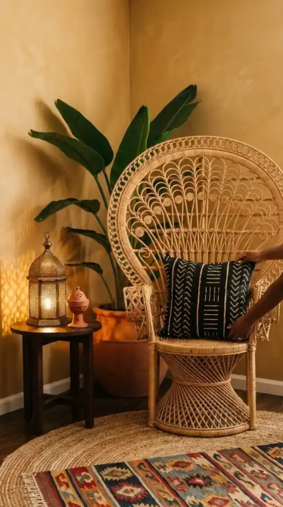 Rattan-peacock-chair-reading-nook-assembled-with-Bird-of-Paradise