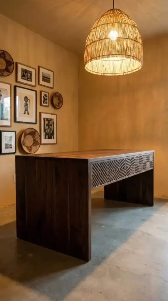 Reclaimed-walnut-desk-positioned-under-warm-amber-raffia-pendant