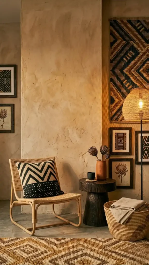 bare-sand-plaster-wall-beside-a-woven-tapestry-and-rattan-chair-with-a-mud-cloth-cushion