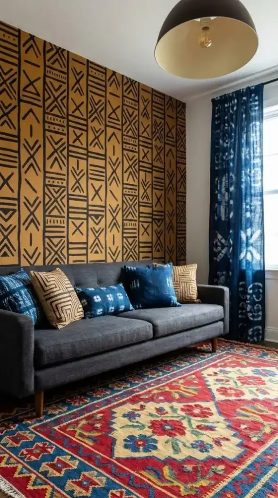 afro-bohemian-room-intentional-pattern-clashing-wallpaper-textiles