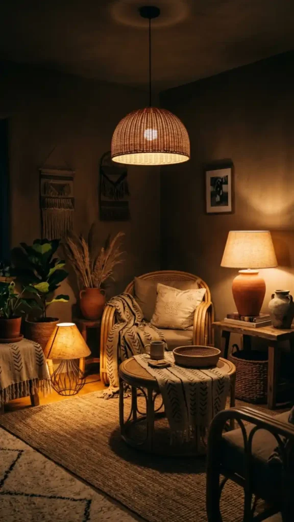 Three-layered-amber-light-sources-in-Afro-Bohemian-room