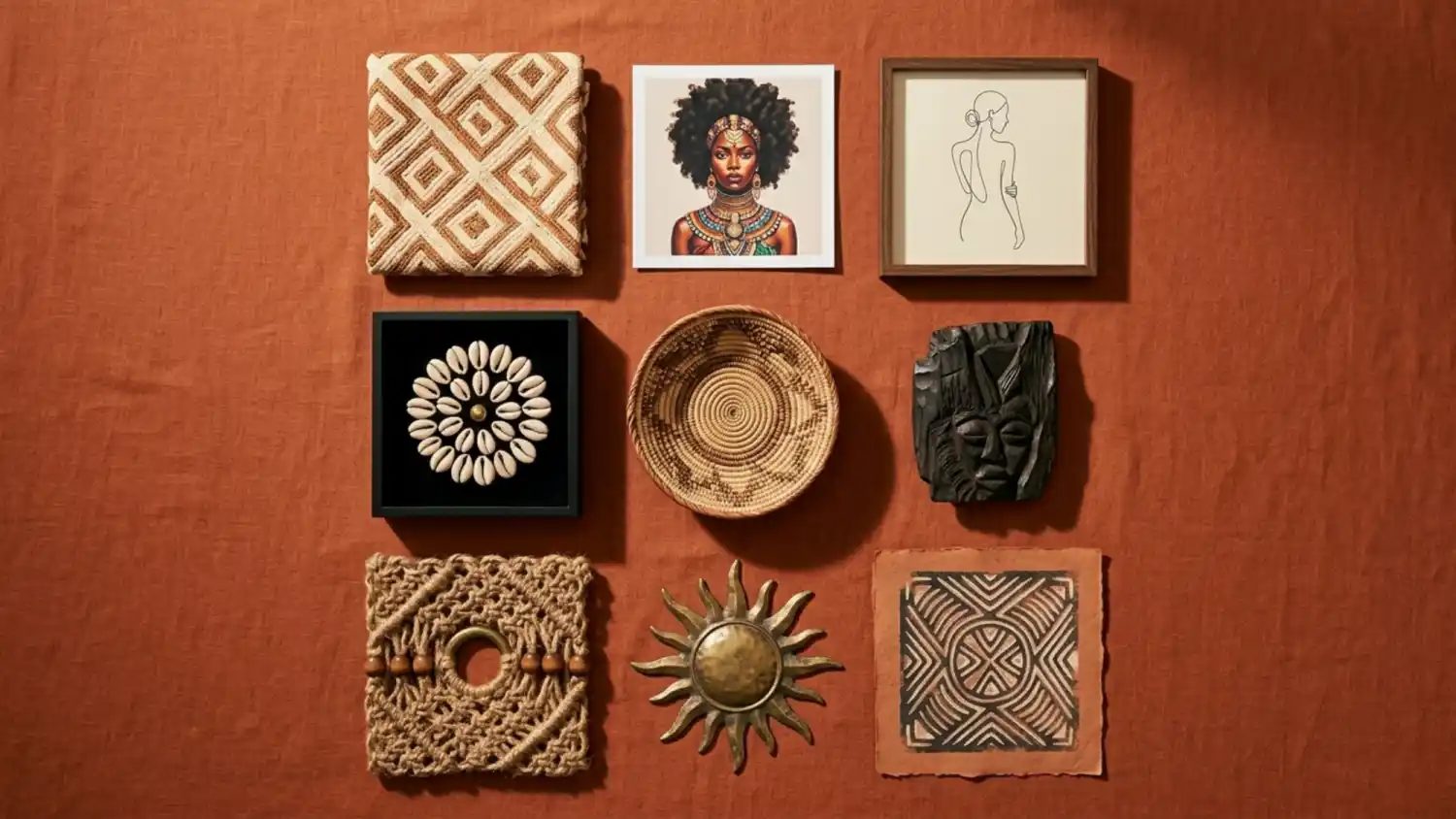 Nine-Afro-Bohemian-wall-art-starter-pieces-flat-lay-on-terracotta-linen