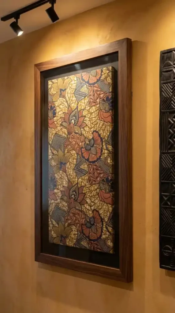 Vibrant-Ankara-wax-print-framed-under-glass-on-warm-ochre-plaster-wall