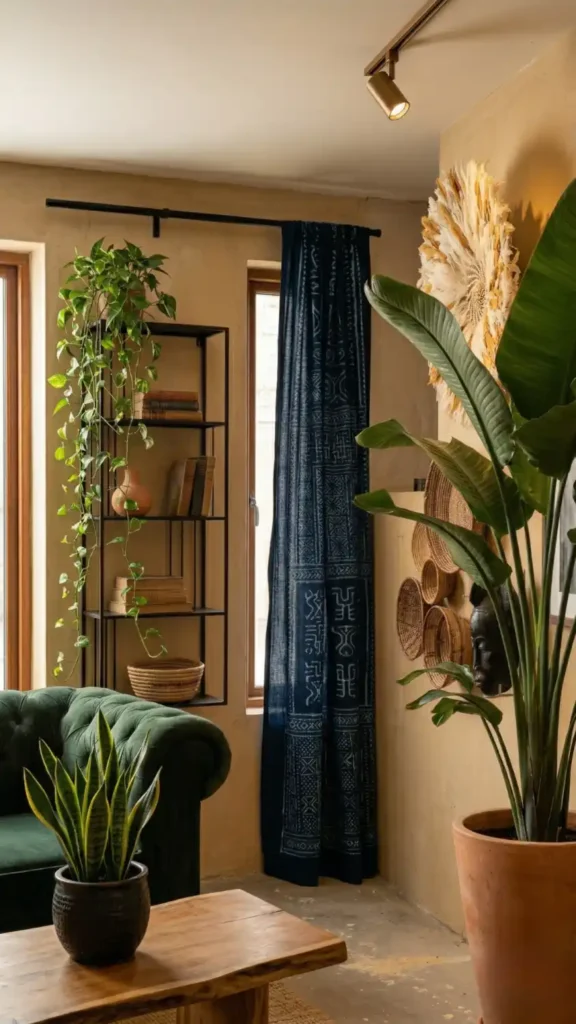 Three-greenery-zones-in-fully-assembled-Afro-Bohemian-living-room