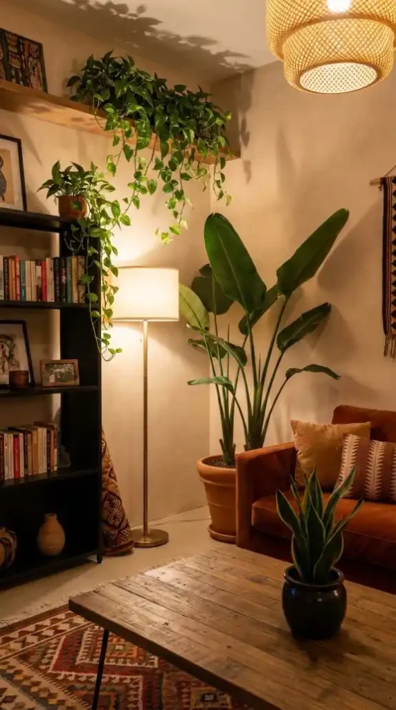 Three-greenery-positions-in-fully-assembled-Afro-Bohemian-living-room