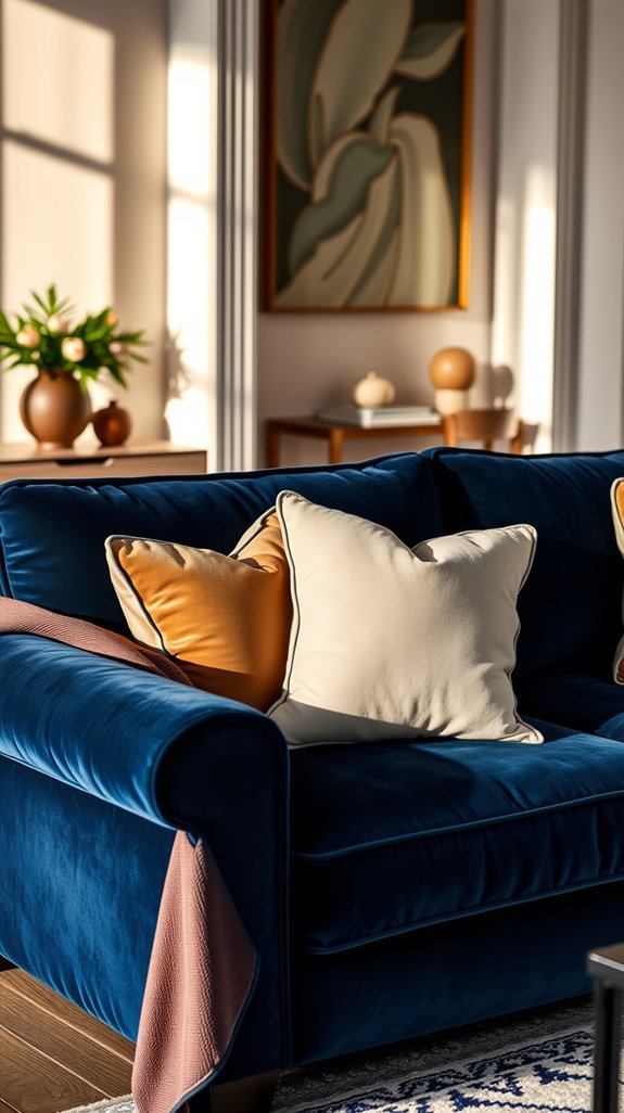 blue velvet sofa bold color blocking