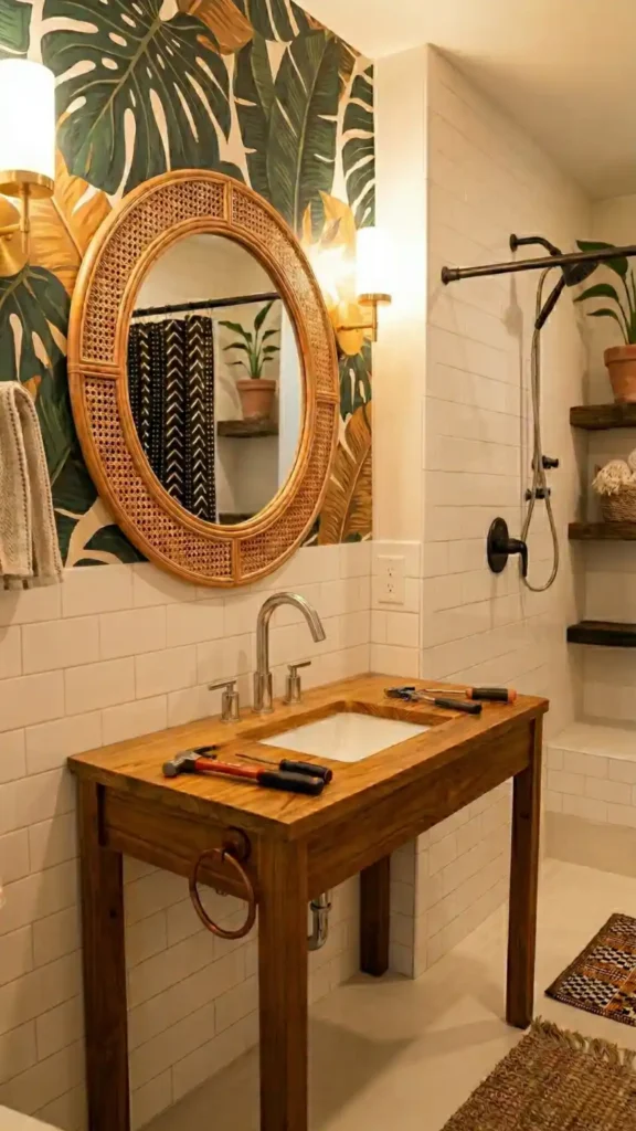 bold botanical wallpaper being applied to an Afro Bohemian bathroom accent wall 