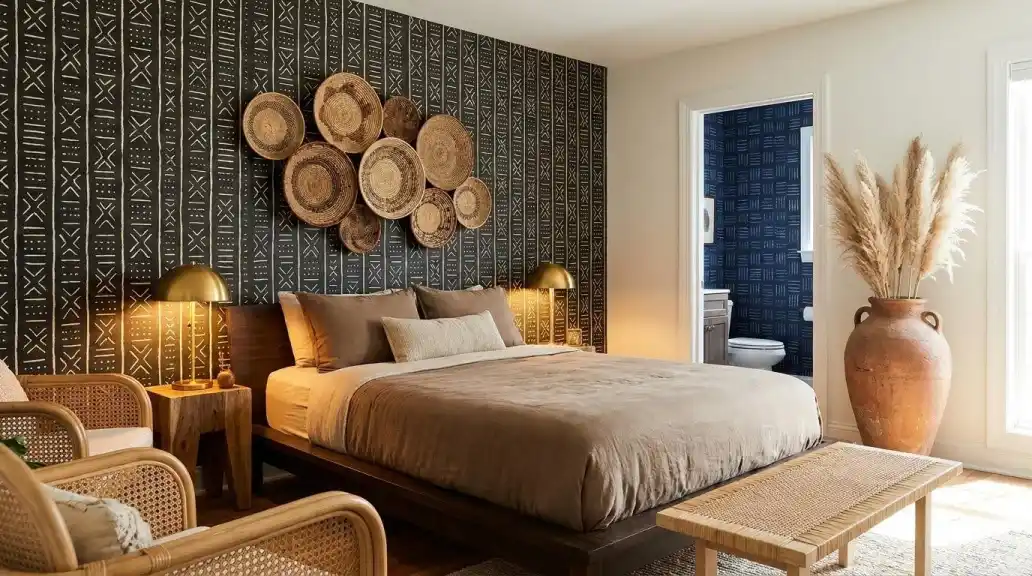 bold-mud-cloth-bogolanfini-bedroom-accent-wall-rattan-furniture-adire-powder-room-pampas-grass-tonga-baskets-acacia-teak-2700k-warm-glow