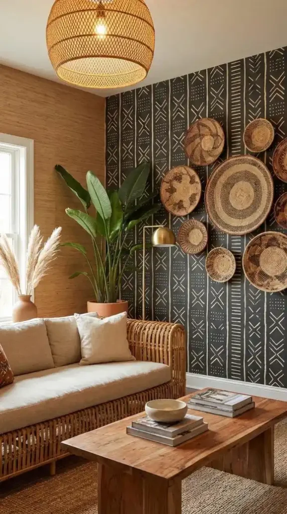 bold-mud-cloth-bogolanfini-wallpaper-accent-wall-grasscloth-adjacent-walls-rattan-sofa-acacia-coffee-table-tonga-basket-gallery-heritage-maximalism