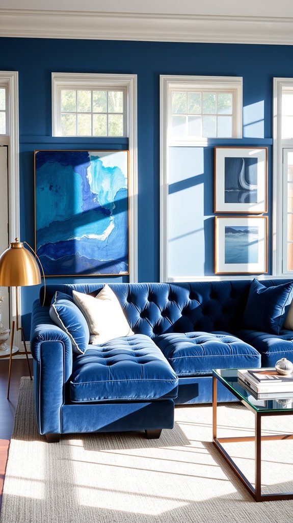 bold blue sofa vibrant opposing art