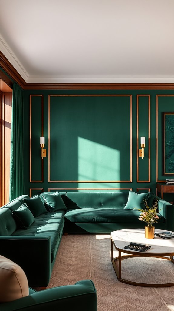 bold emerald accent wall behind bed sofa