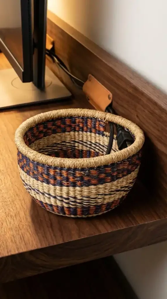 Bolga-basket-concealing-power-strip-beside-leather-cord-organizer