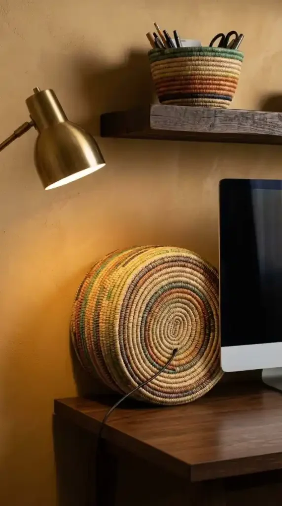 Two-Bolga-baskets-concealing-cables-on-desk-and-floating-shelf