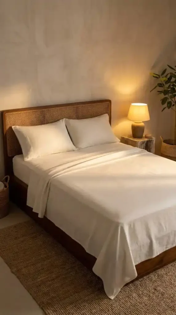 bone-linen-flat-sheet-and-pillowcases-low-dark-teak-platform-bed-frame