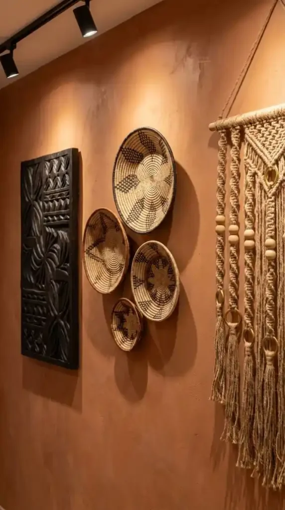 Carved-ebony-relief-Tonga-baskets-and-jute-macramé-on-terracotta-wall