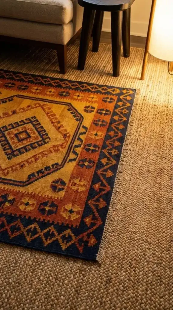 close-up-layered-kilim-ochre-indigo-geometric-jute-rug