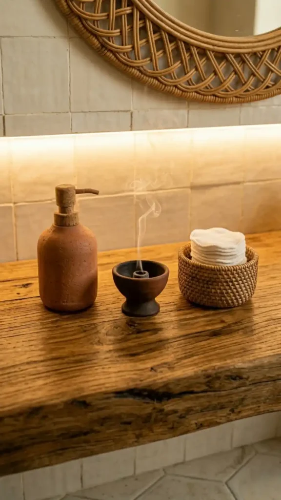 close-up-of-an-afro-bohemian-bathroom-vanity-surface-styled-as-a-three-element-vignette