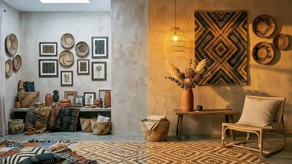 common-mistakes-in-afro-bohemian-design-cluttered-boho-living-room-fix-mud-cloth-throw-rattan-sofa-warm-lighting