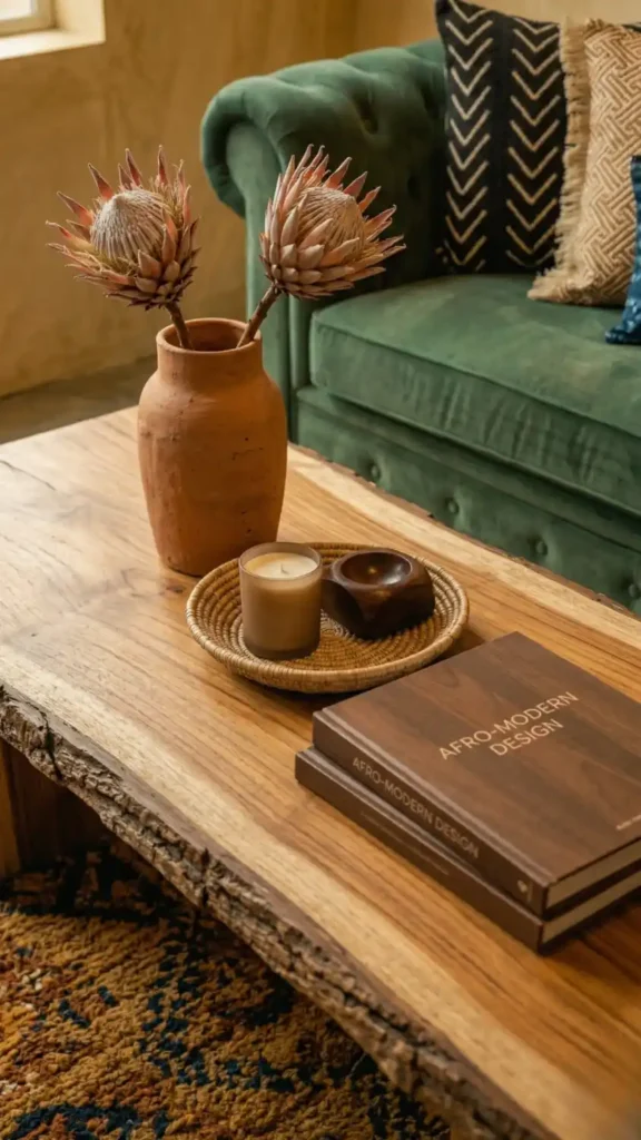 Terracotta-vessel-with-two-dried-protea-stems-on-teak-table