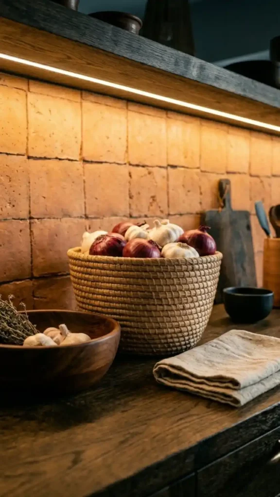Large-coiled-grass-basket-on-lower-kitchen-shelf-holding-dry-produce