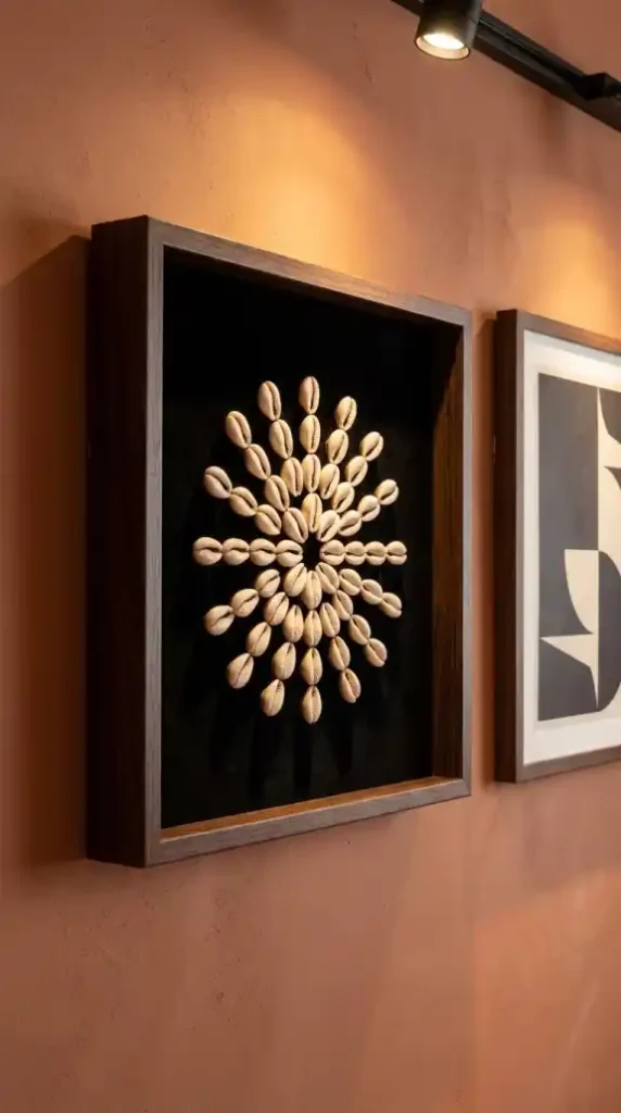 Cowrie-shell-arrangement-on-black-velvet-in-dark-wood-shadow-box