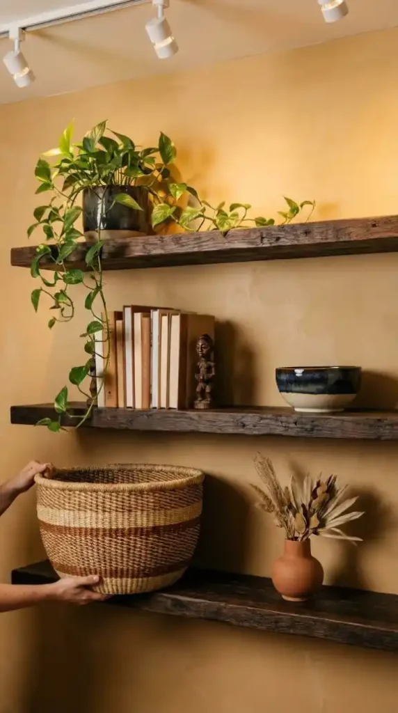 Dark-floating-shelves-styled-in-sequence-with-Bolga-basket-and-pothos