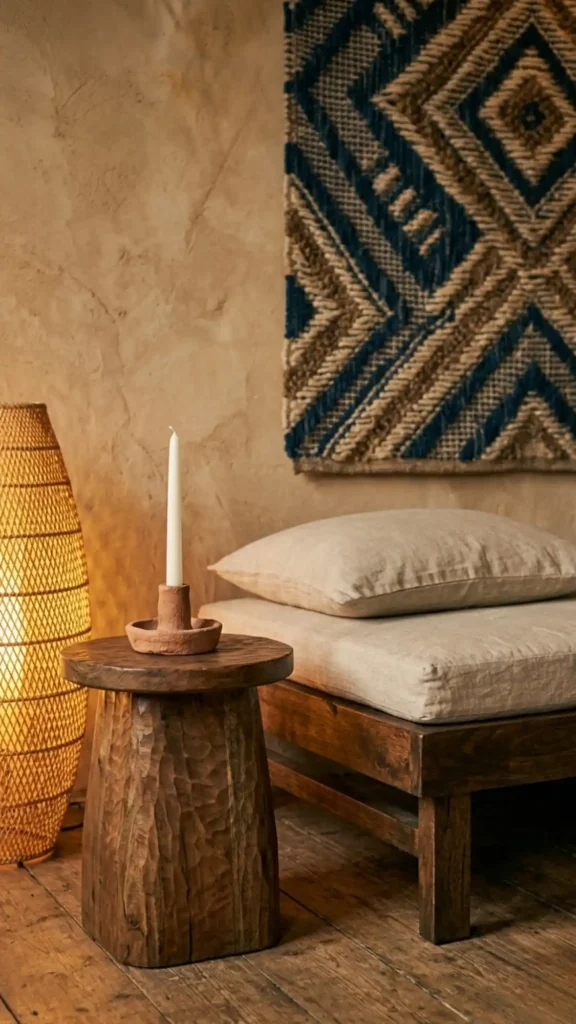 dark-mango-wood-daybed-with-linen-cushion-beside-a-carved-side-table-and-clay-candle-holder