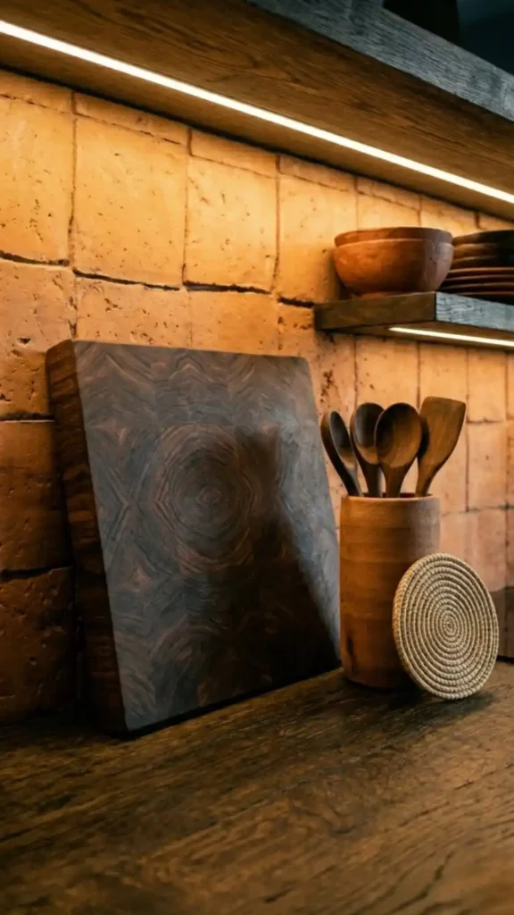 Dark-walnut-cutting-board-leaning-against-terracotta-kitchen-tile-backsplash