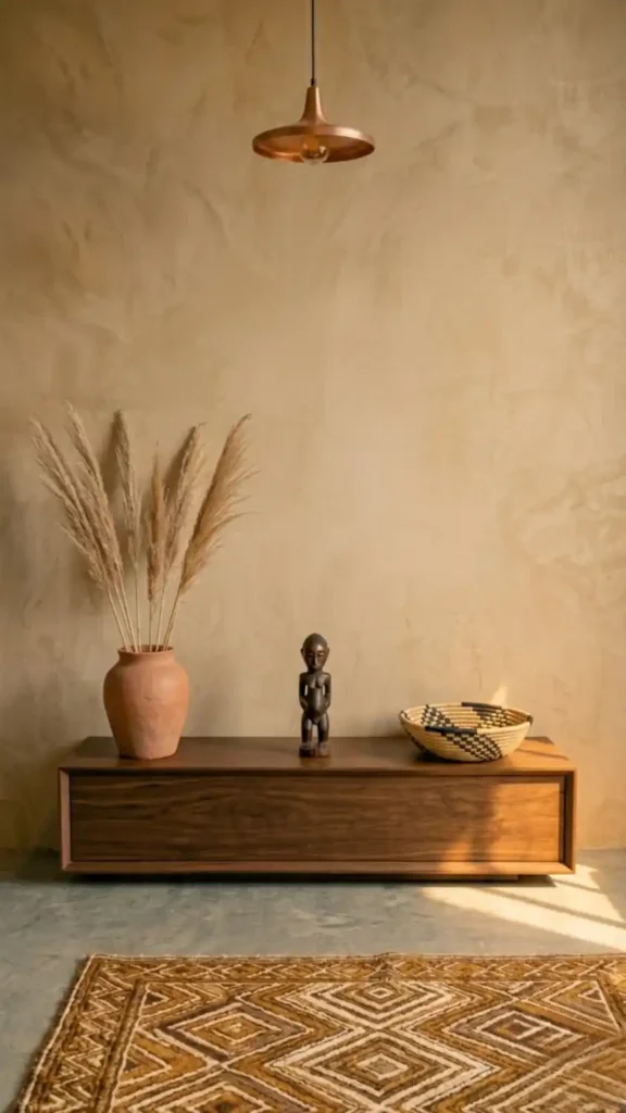 Dark-wood-console-styled-with-terracotta-vessel-and-basket