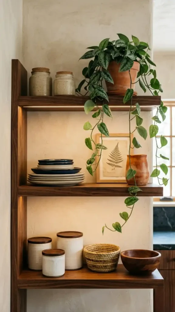 Dark-wood-open-shelves-with-stoneware-terracotta-and-trailing-pothos-plant